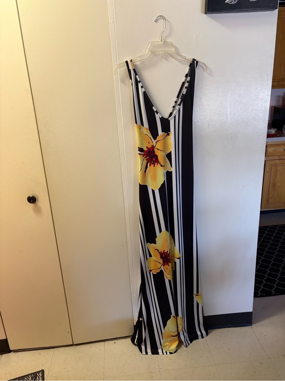 Black & White Stripe Maxi Dress with Yellow Floral Print